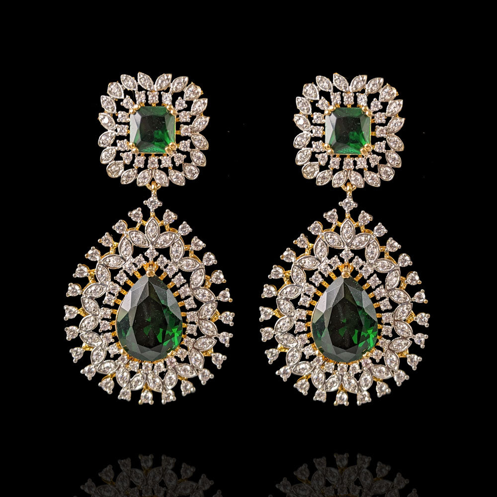 Gold Plated Emerald Drop with Diamond Look Statement Earrings