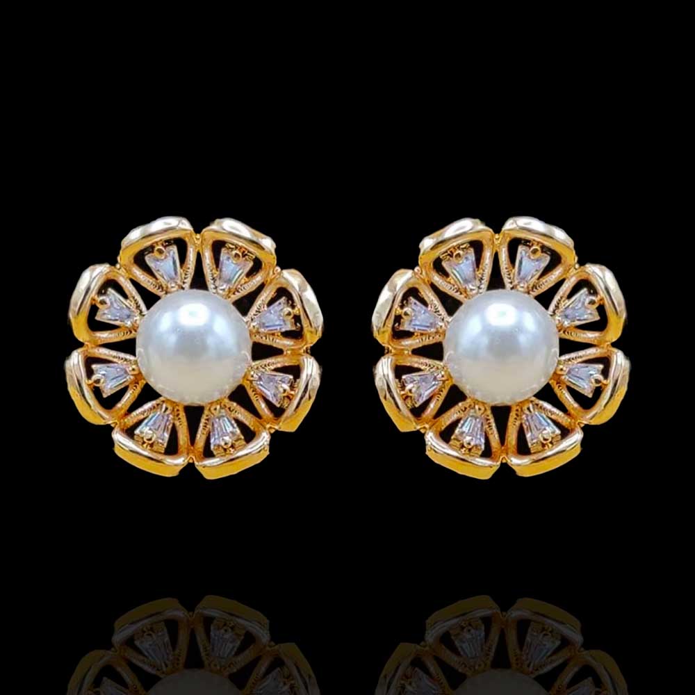 18Kt Gold Plated Pearl Studded Stud Earrings with Diamond Look Stones