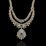 2 Line Heavy Bridal Pearl Hanging Necklace with Diamond Look