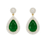 Elegant Teardrop Emerald Look Earrings with CZ Diamond Halo in Gold Polish