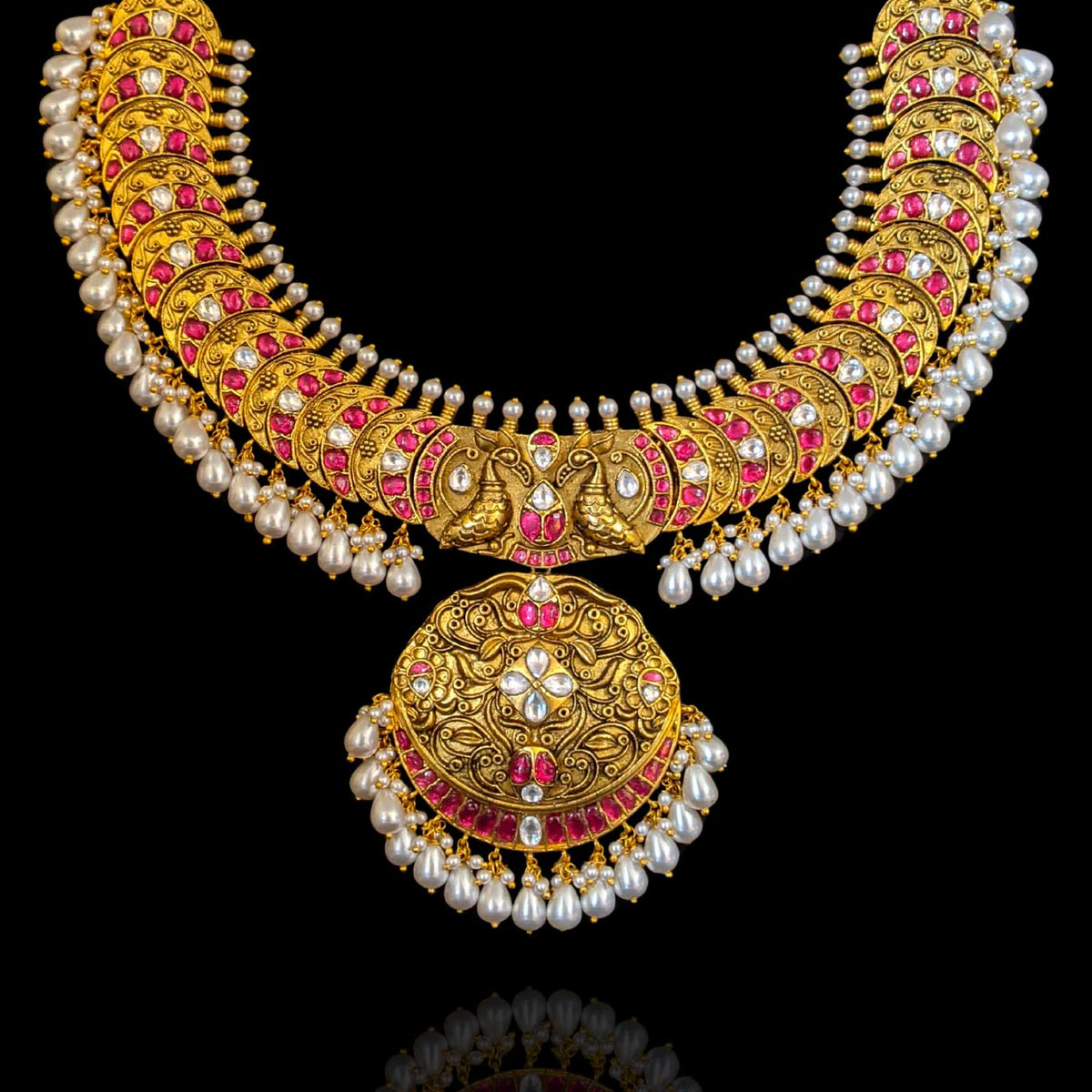 Antique South Indian Temple Pure Silver Pearl Necklace