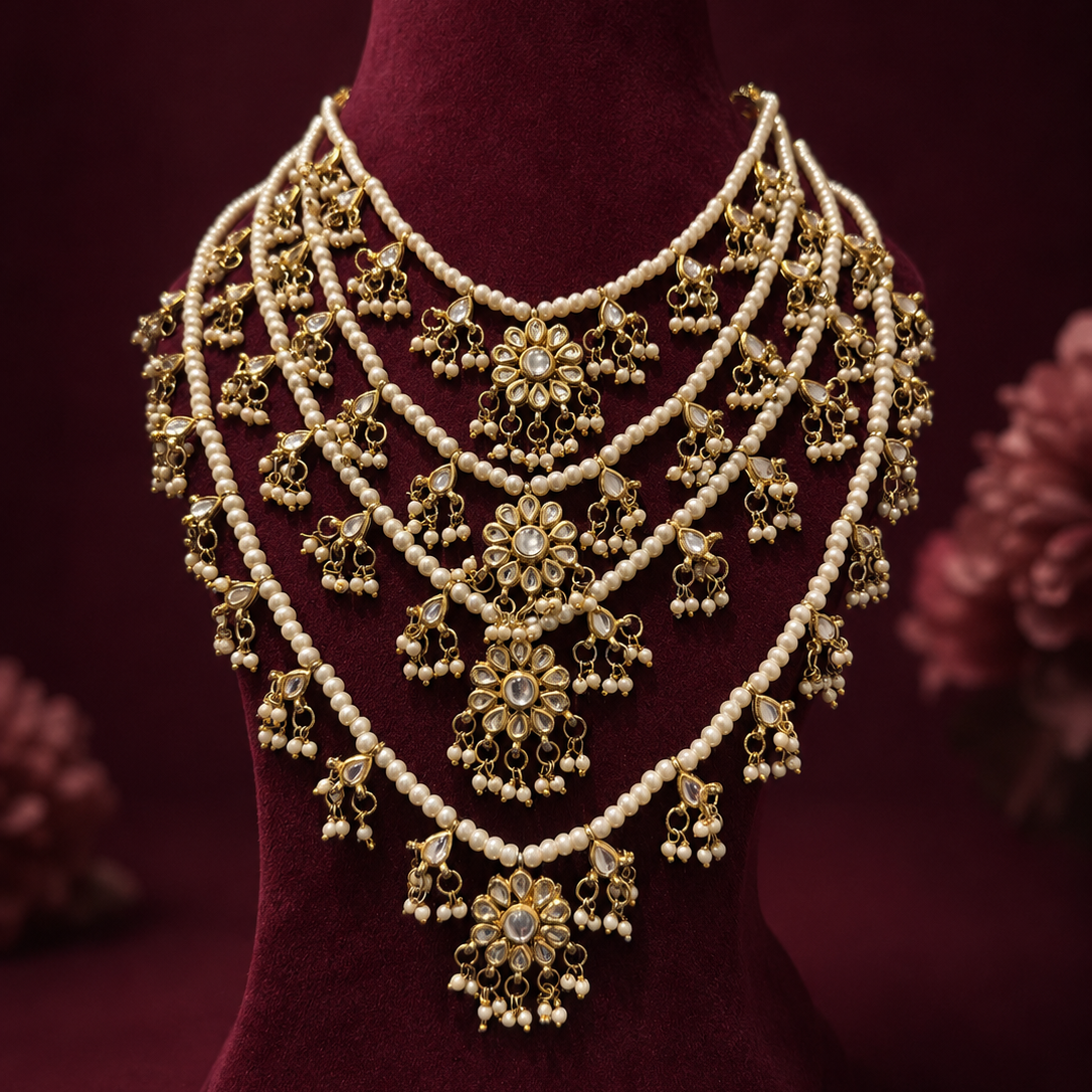 An ornate gold-toned traditional necklace with multiple strands of white pearls and intricate floral motifs, displayed on a dark red velvet jewelry bust.