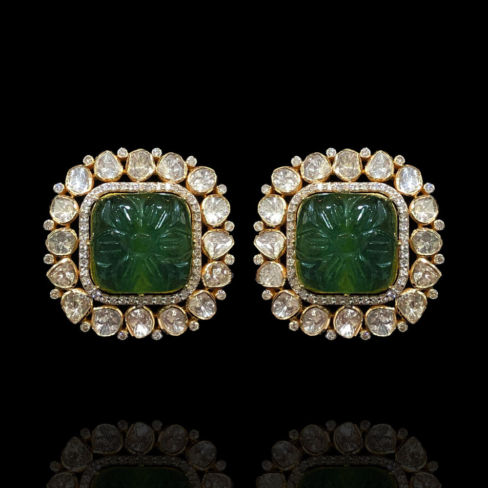 Classic Polki Emerald Look Vintage Earring Studs Design