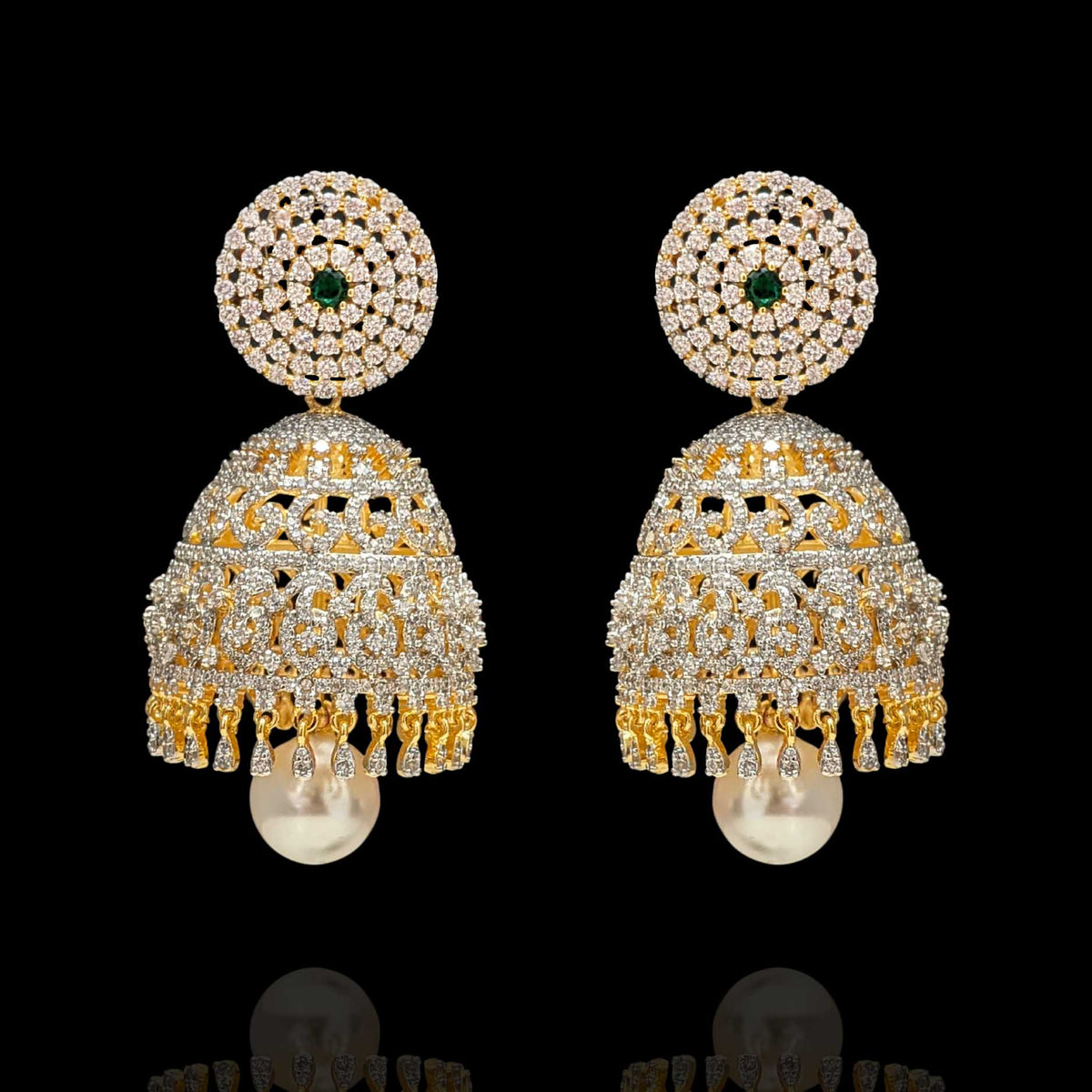 Diamond Look Jhumka Buttalu Earrings with Emerald Stones