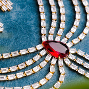 Diamond Look Scallop Fall Layered Necklace with Ruby Centerpiece