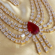 Diamond Look Scallop Fall Layered Necklace with Ruby Centerpiece