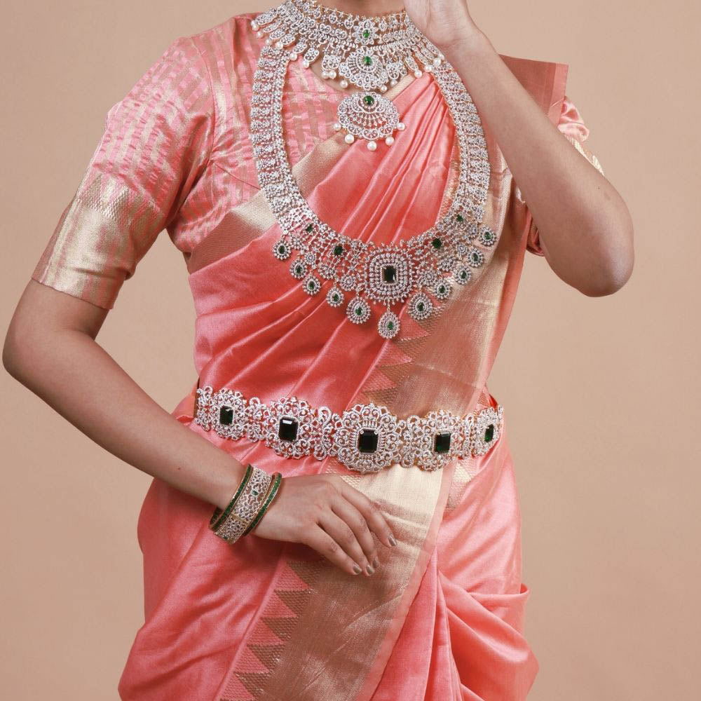 Exquisite Bridal Silver Vaddanam with Emerald-studded Diamond Look