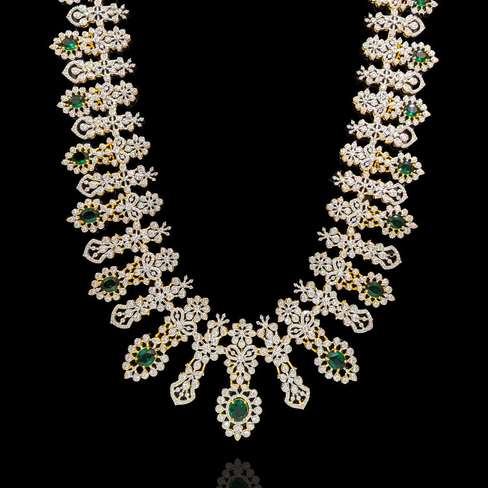 Graceful Bridal Long Haram Necklace with Diamond Emerald Look Stones