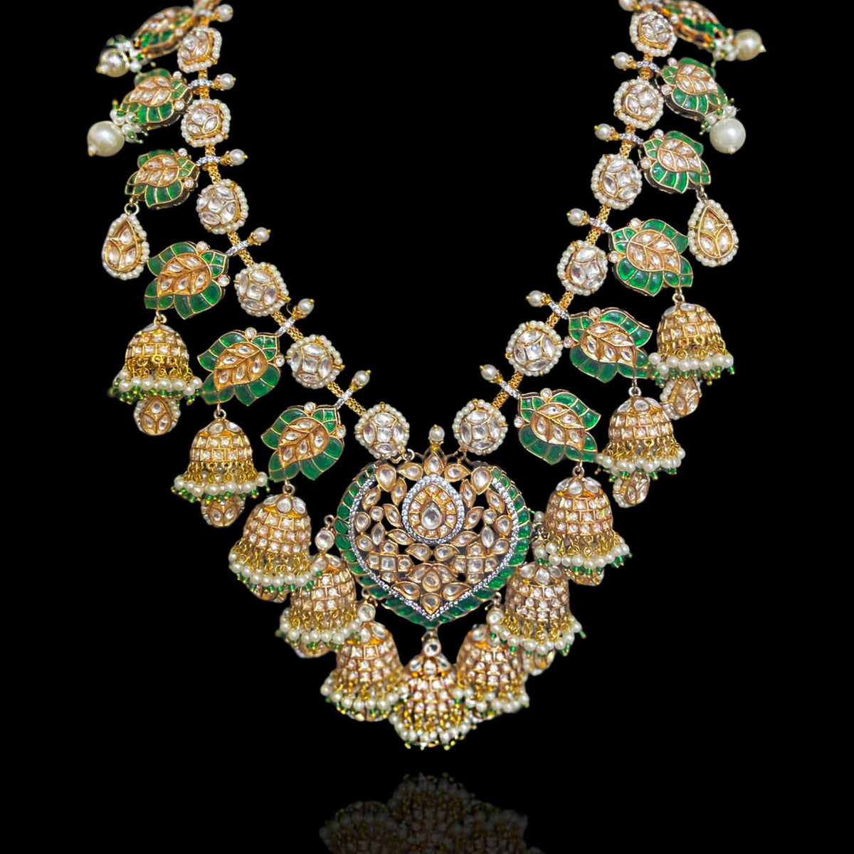 Heavy Polki Look Cascading Pearl Haram with Emerald Accents