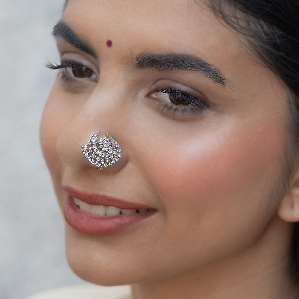 Diamond Nath Latest Bridal Nath Luminous CZ Diamond Nose Stud Gold - Main Image