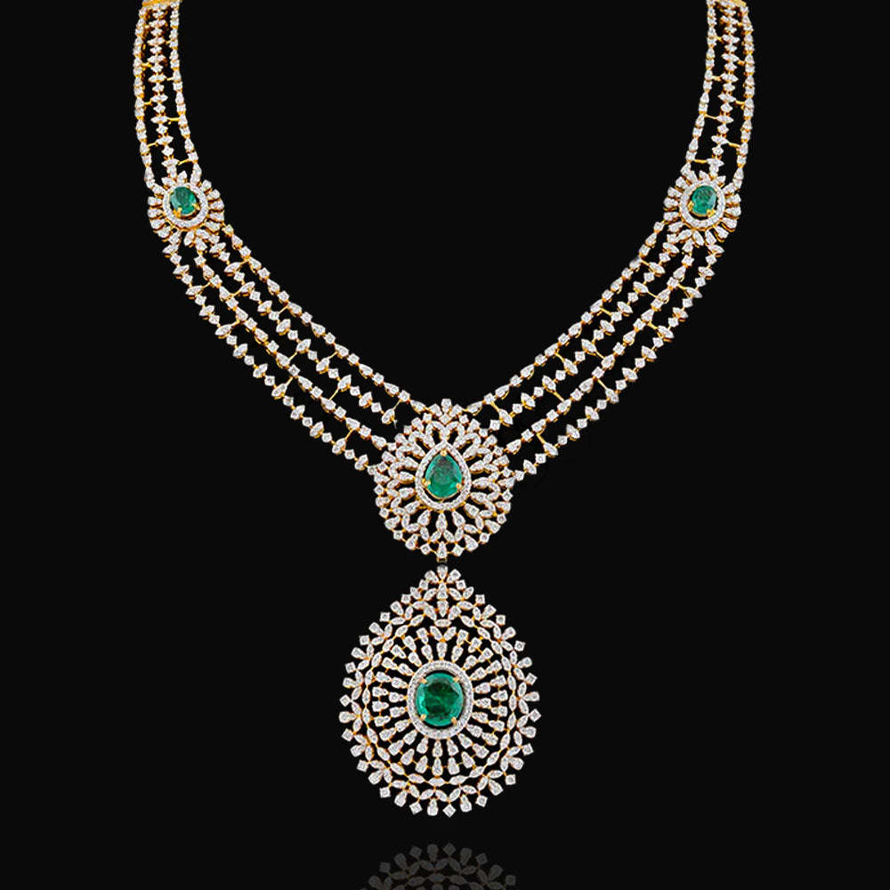 Maharani 3 Layer Diamond Emerald Look Haram Necklace