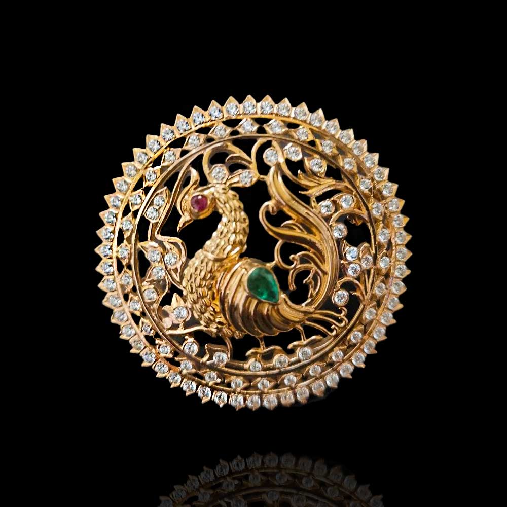 Majestic Peacock Motif Hair Jada with Diamond Look Accents Gold Polish