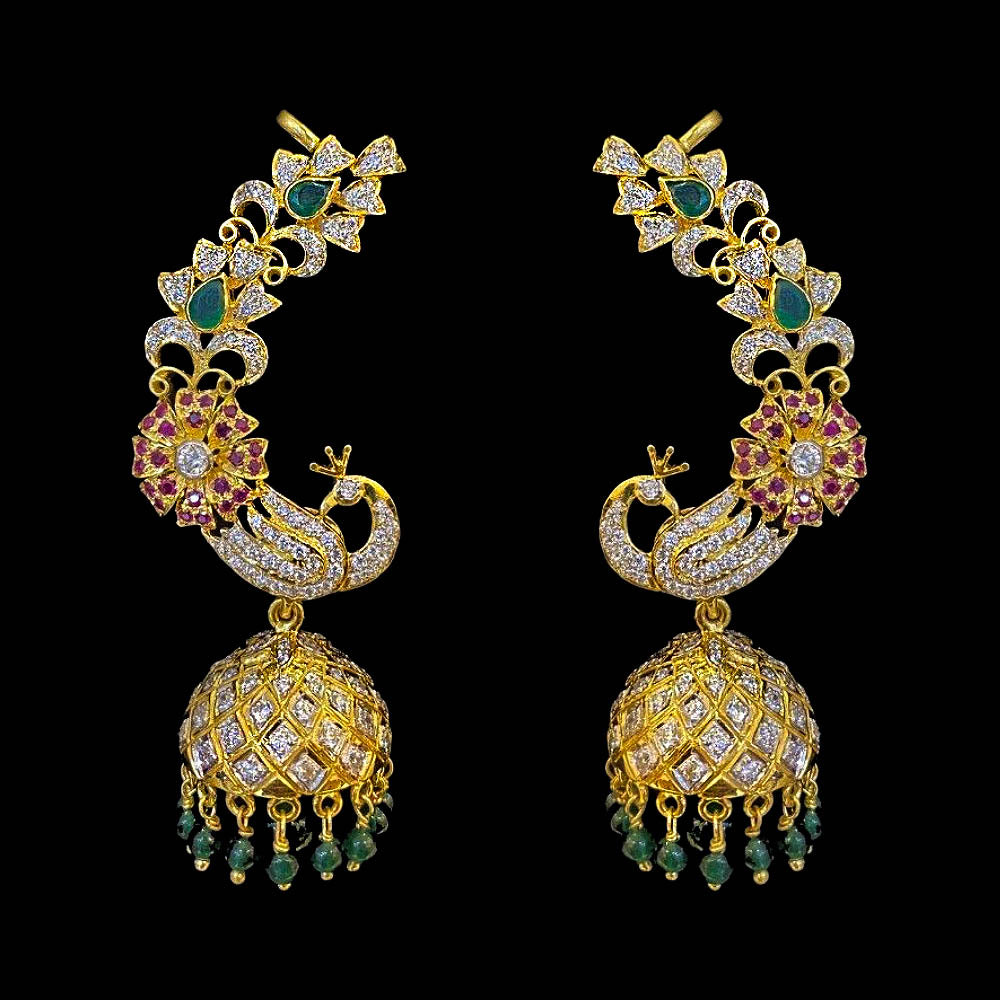 Peacock Cuff Earrings with Ruby Floral Design Diamond Look Jhumkas