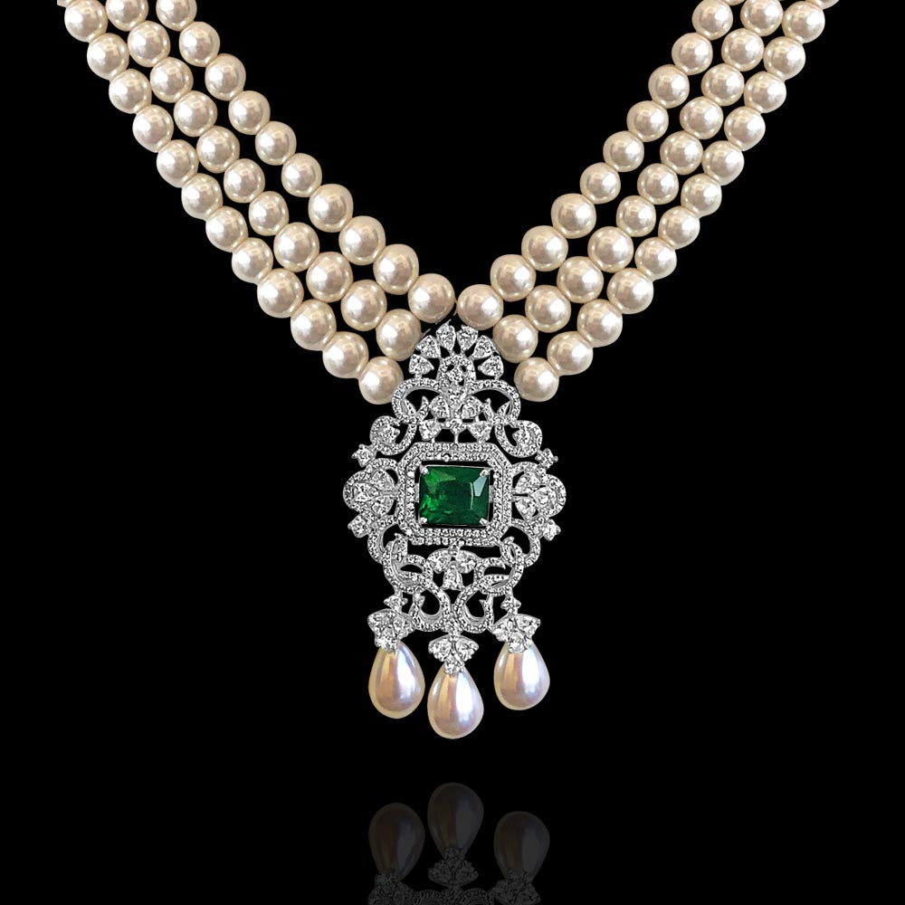 Pearl Necklace with Elegant CZ Diamond Emerald Pendant