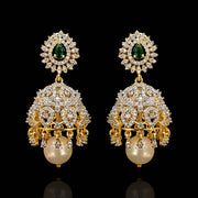 Regal CZ Diamond Jhumka Earrings with Emerald Center and Pearl Drops