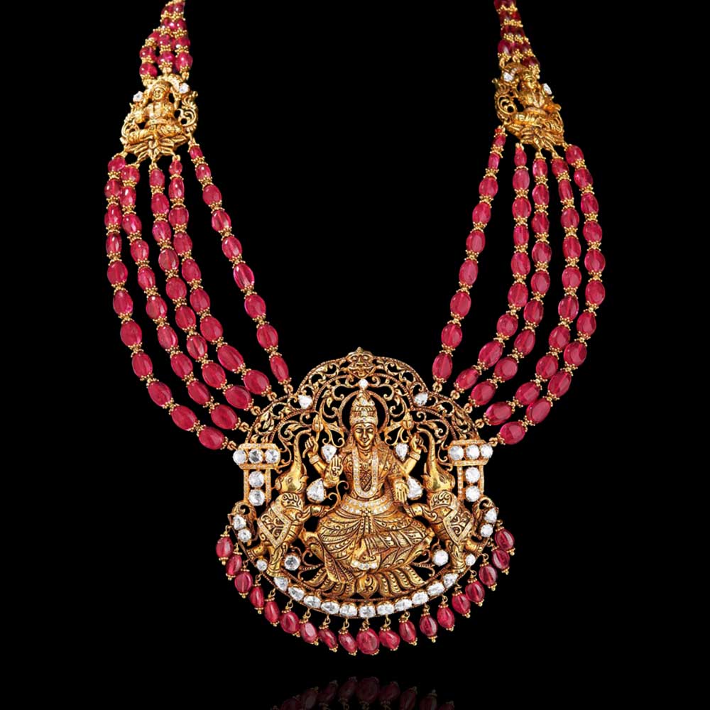Ruby Mala with South Indian Temple Pendant Necklace Haram