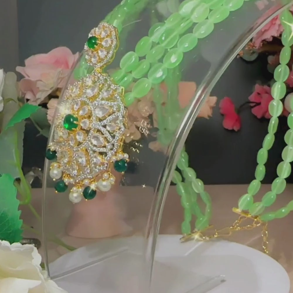 Polki Pendant Adorned with Jade Emerald Mala