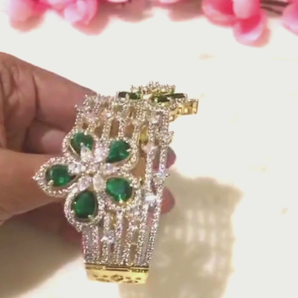  CZ Diamond Bracelet Adorned with Statement Emerald Flowers