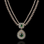 18K Gold Polished 2 Lines Diamond Look Necklace with Emerald Drop