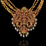 18K Gold Polished Lakshmi Temple Motif Pendant with Pearl Drops