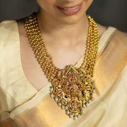 18K Gold Polished Lakshmi Temple Motif Pendant with Pearl Drops