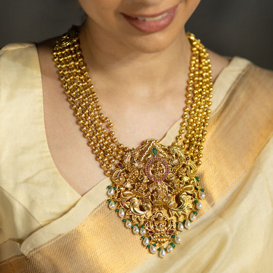 18K Gold Polished Lakshmi Temple Motif Pendant with Pearl Drops