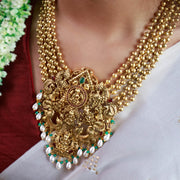 18K Gold Polished Lakshmi Temple Motif Pendant with Pearl Drops