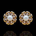 18Kt Gold Plated Pearl Studded Stud Earrings with Diamond Look Stones