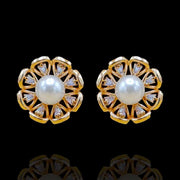 18Kt Gold Plated Pearl Studded Stud Earrings with Diamond Look Stones