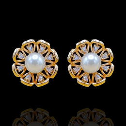 18Kt Gold Plated Pearl Studded Stud Earrings with Diamond Look Stones