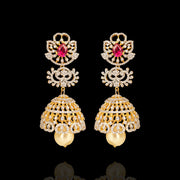 18Kt Polish Diamond Look Ruby Pearl Jhumka Earrings Design