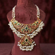 South Indian Ruby Emerald Kundan Necklace + Earrings with Rice Pearls