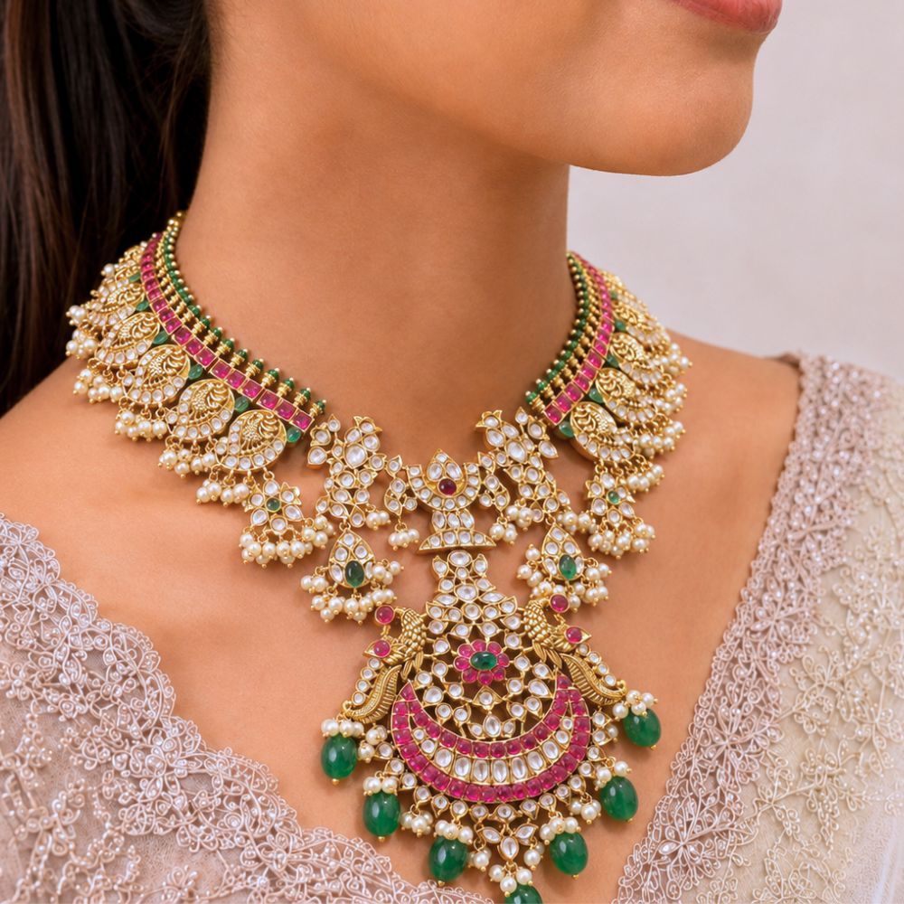 Peacock Kundan Necklace with Pink & Green Stones and Pearls