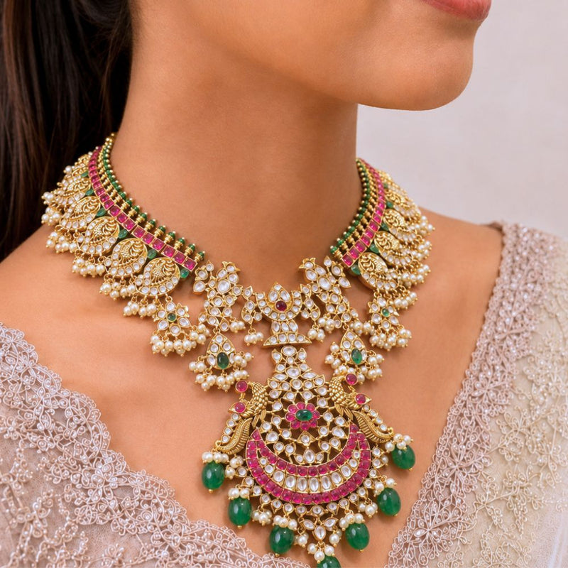 Peacock Kundan Necklace with Pink & Green Stones and Pearls