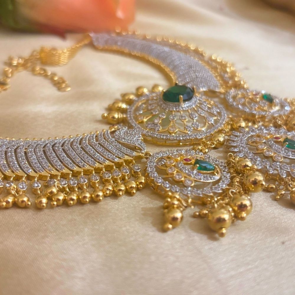 Regal Emerald Diamond Look Temple Necklace with Gold Polish