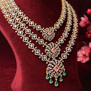 3 Line Diamond Look CZ Necklace + Earrings SET with Pink Sapphires