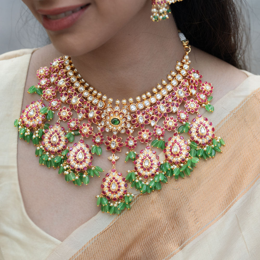 Red Kundan Gulab Polki Look Short Haram Necklace with Green Drops