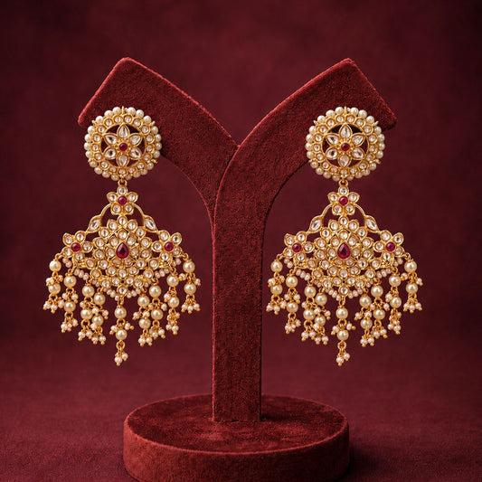Traditional Bridal Polki Pearl Dangler Earrings with Ruby Stones