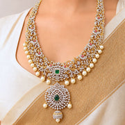 Emerald Pearl Diamond Floral Necklace in Gold Finish for Bridal Wear