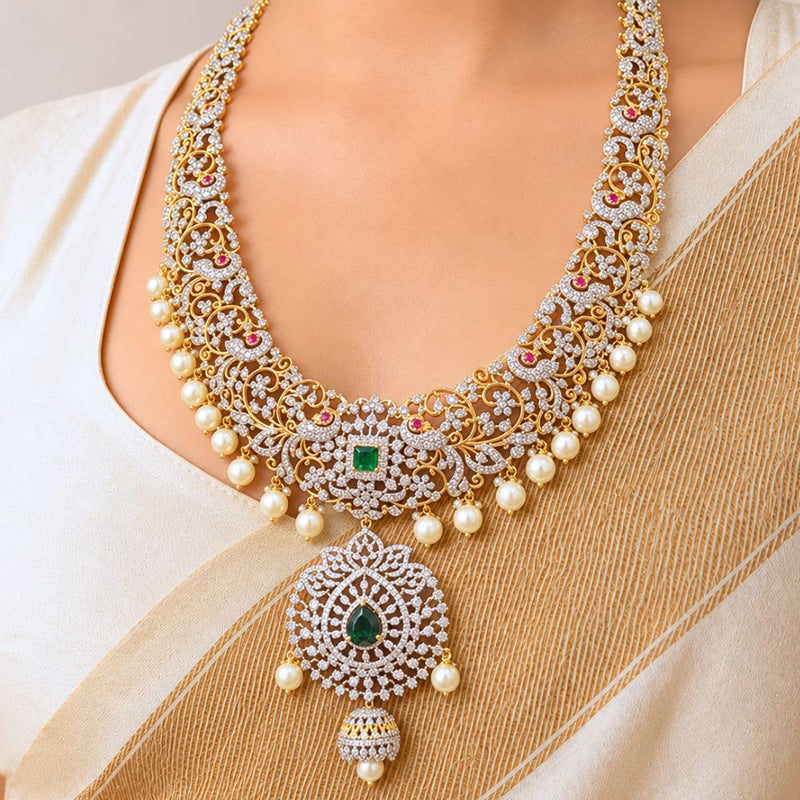 Emerald Pearl Diamond Floral Necklace in Gold Finish for Bridal Wear