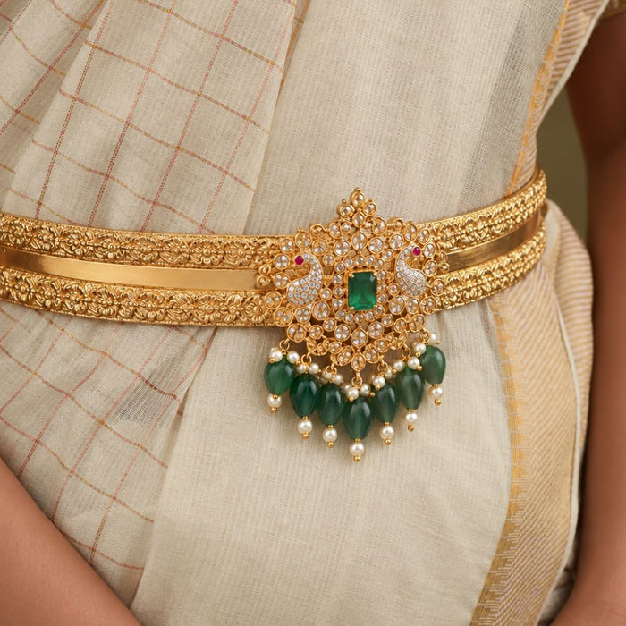 Peacock Emerald Stone Traditional Vaddanam Hip Belt with Pearls