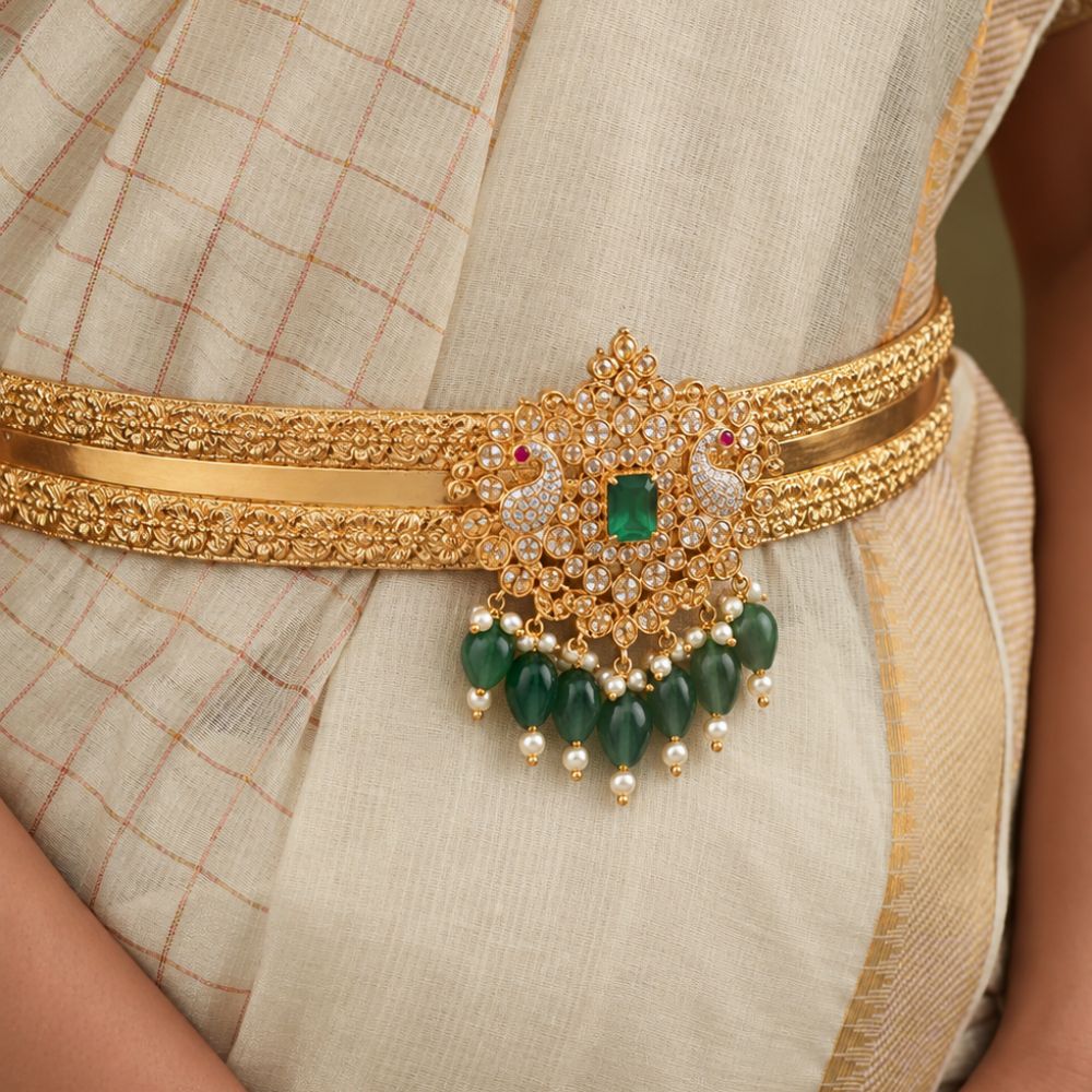 Peacock Emerald Stone Traditional Vaddanam Hip Belt with Pearls