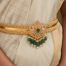 Peacock Emerald Stone Traditional Vaddanam Hip Belt with Pearls