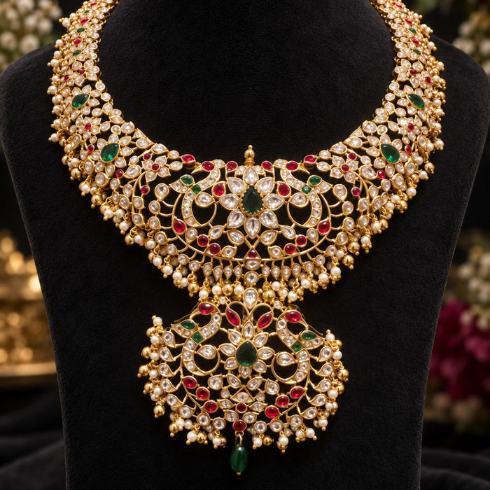 Temple Kundan Necklace with Ruby Emerald Stones & Pearl Drops