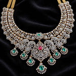 Heavy Diamond Look Emerald Ruby Bridal Necklace in 92.5 Silver