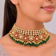 Polki Ruby Choker Necklace with Emerald Drops & Pearl Detailing