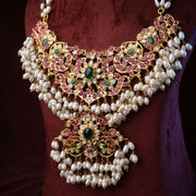 South Indian Ruby Emerald Kundan Necklace with Rice Pearls