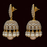 Bridal CZ Diamond Look Pearl Drop Jhumkas in Gold Plated Silver