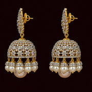 Bridal CZ Diamond Look Pearl Drop Jhumkas in Gold Plated Silver
