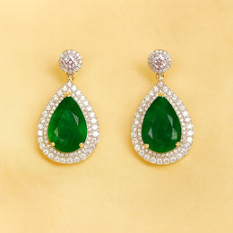 Elegant Teardrop Emerald Look Earrings with CZ Diamond Halo in Gold Polish